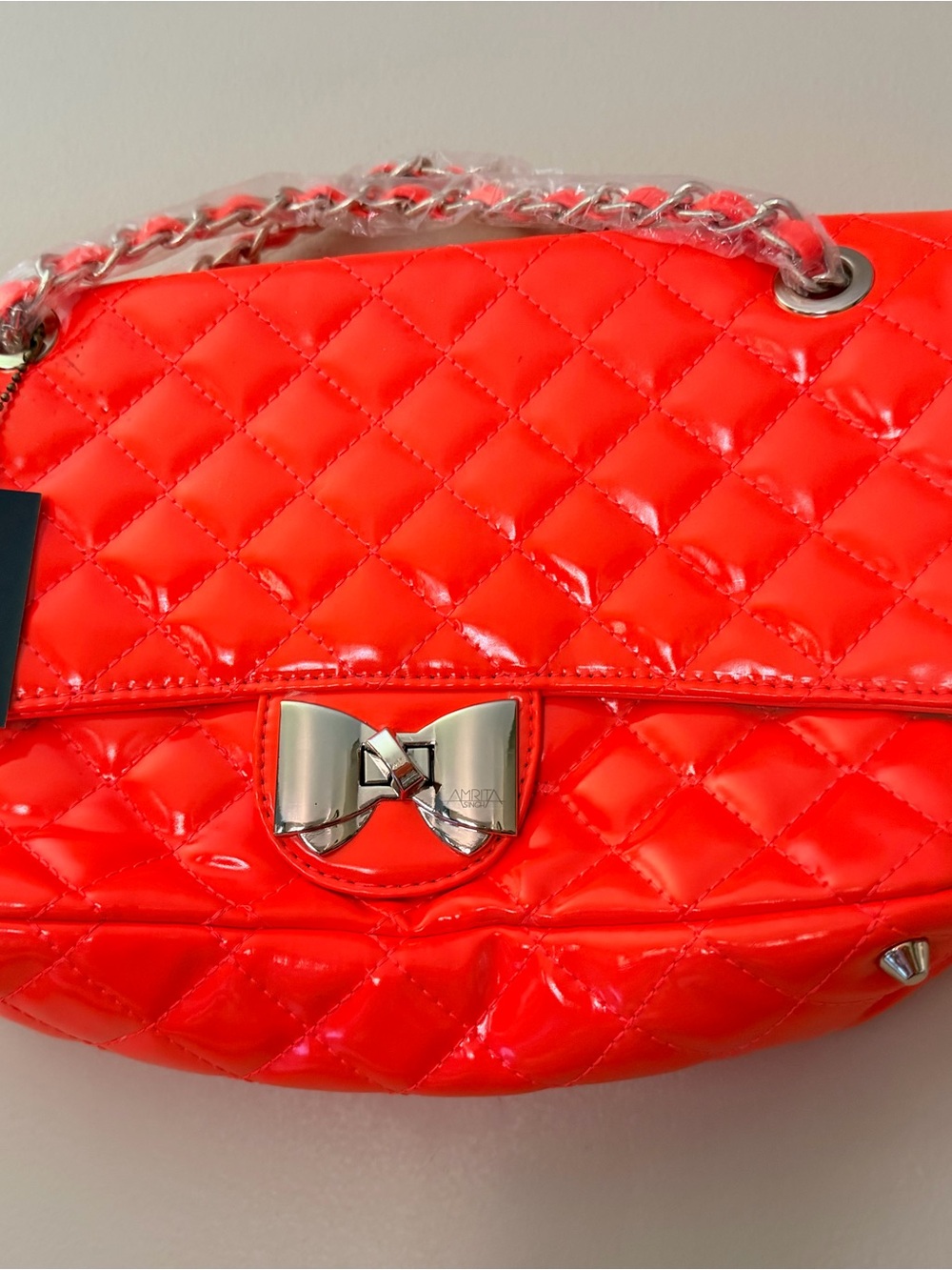Amrita Singh Neon Orange Quilted Patent Crossbody with Bow Lock